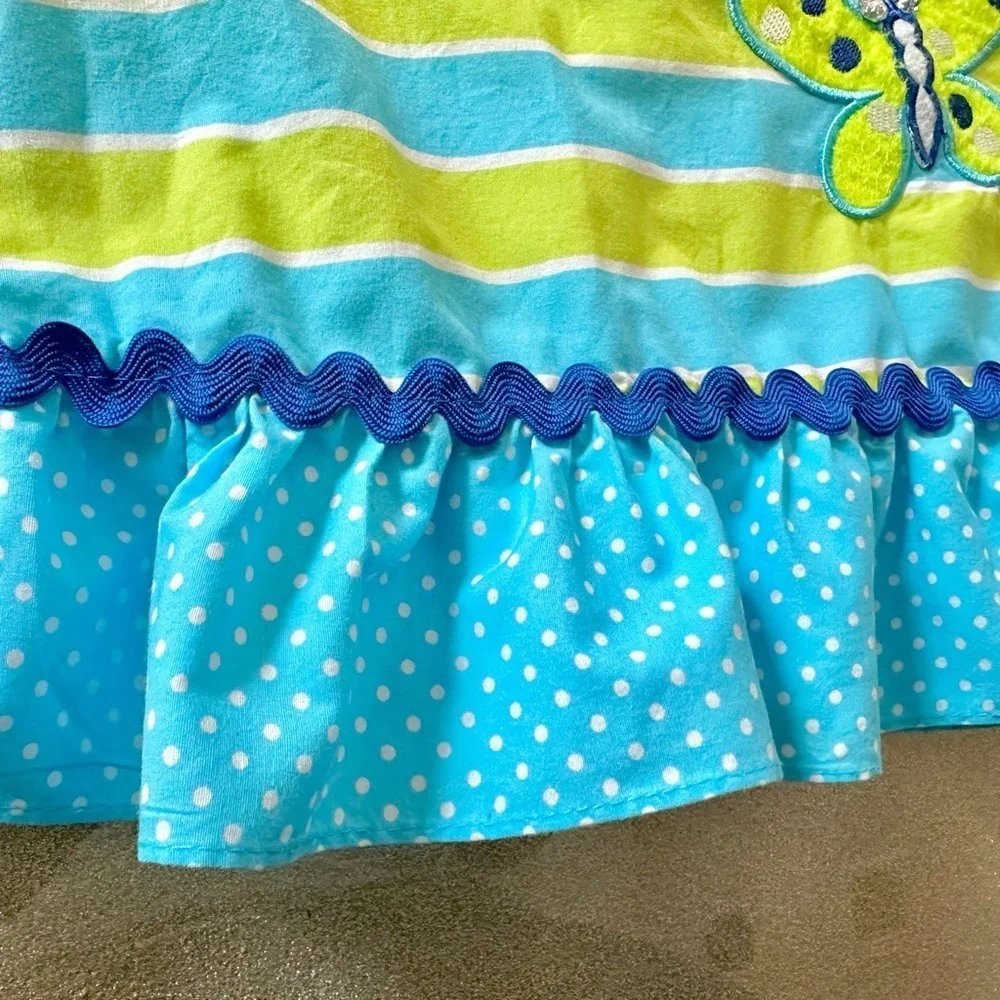 Youngland Girl Green & Blue Striped with PolkaDot Ruffles Butterfly Dress (1072)